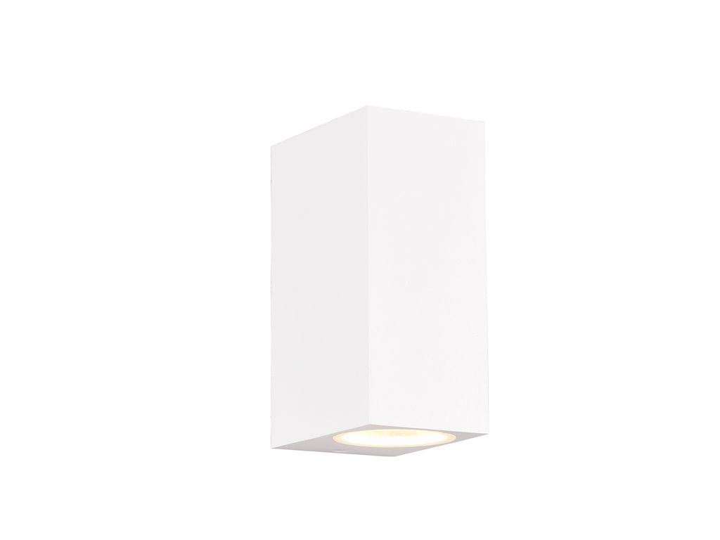 A white rectangular outdoor wall light fixture is shown against a white background.