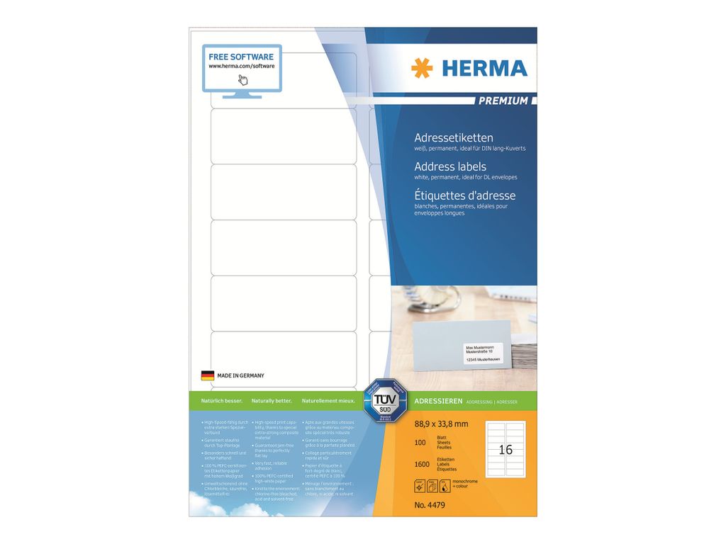 HERMA SuperPrint - Adressetiketten - weiß - 33,8 x 88,9 mm - 1600 Stck. (100 Bogen x 16) (4479)