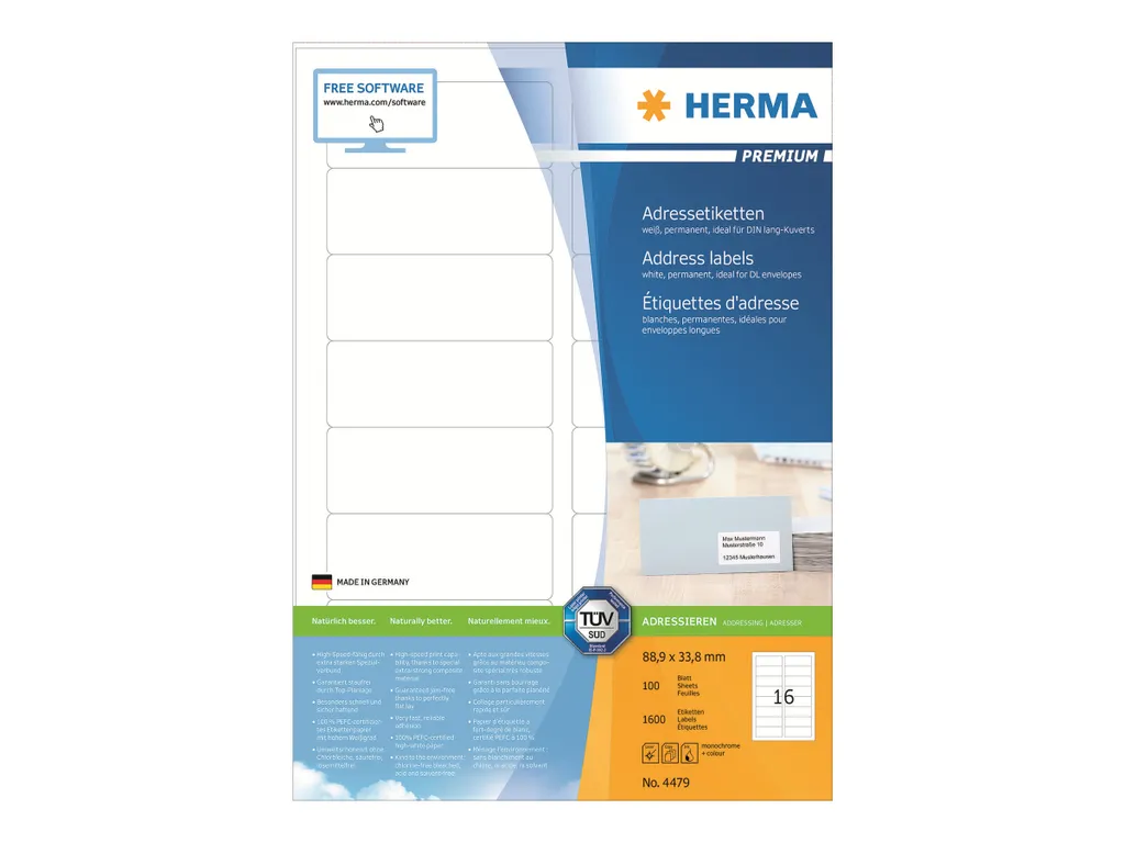 HERMA SuperPrint - Adressetiketten - weiß - 33,8 x 88,9 mm - 1600 Stck. (100 Bogen x 16) (4479)