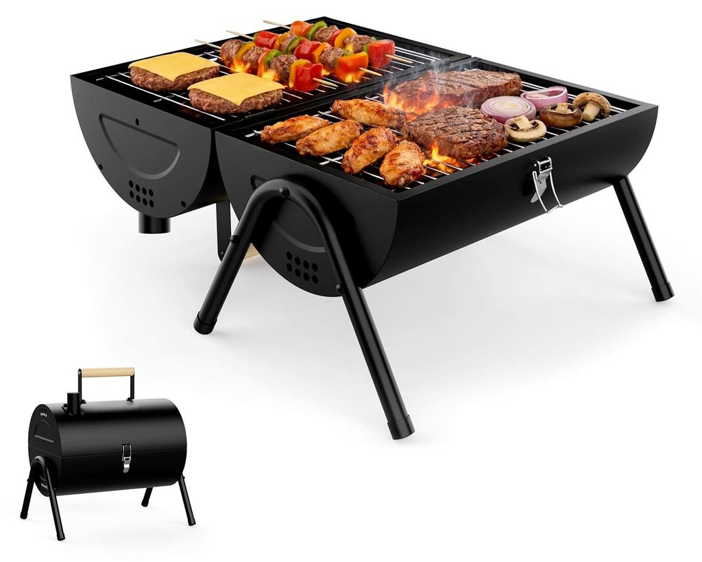 KOBEDAN Camping Grill Tischgrill Holzkohle und vielseitiger Holzkohlegrill mit 2in1 Funktion als Grill und Ofen inklusive Temperaturkontrolle und k...