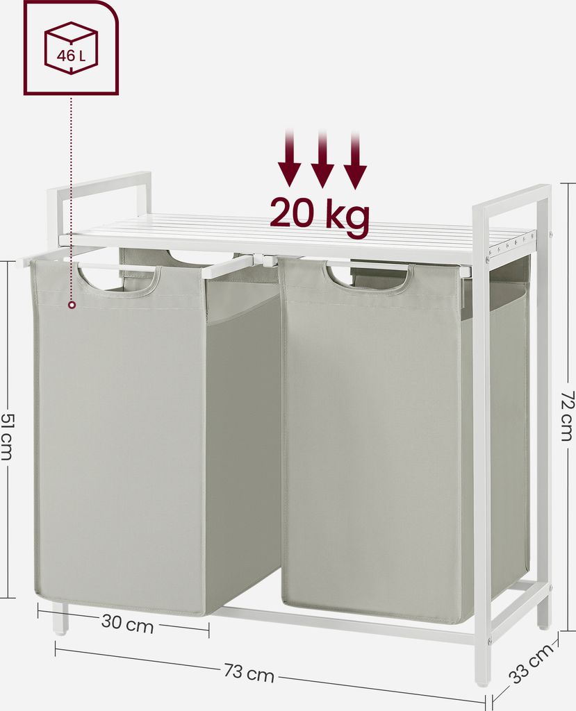 VASAGLE Wäschekorb 2 Fächer, mit Ablage, ausziehbar Produktbild 6