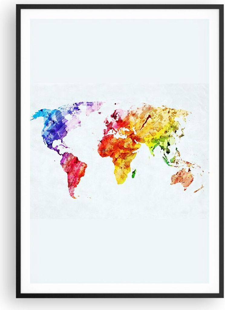 Gerahmtes Poster - Schwarzer Rahmen - Welt Karte Bunt Kontinente - 70x100 cm - Wand Bild - Wanddeko - Wandbilder - Wandposter - Bilderrahmen - Bild...