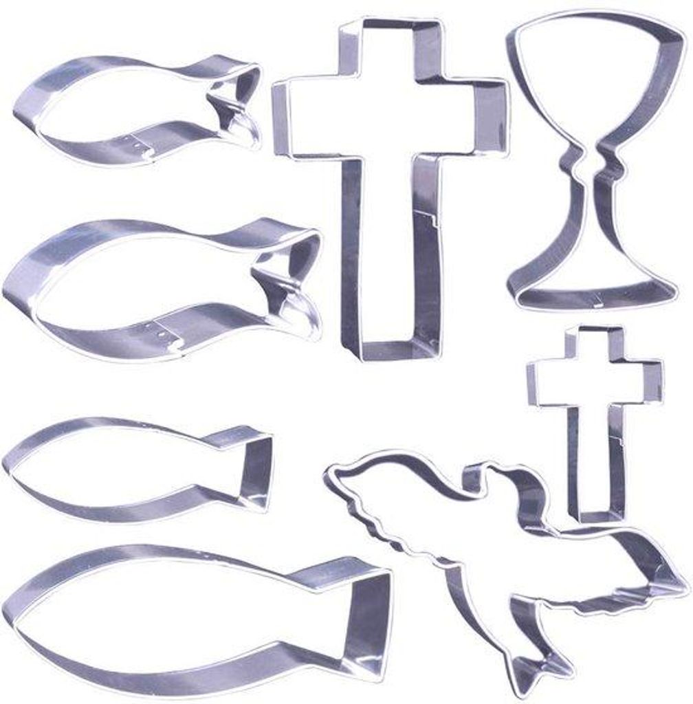 Set aus 8 Keksformen, christlichen Fischformen, Kreuzformen, Taubenformen, Schmetterlingsformen, 24 Geschenksticker für Kommunion, Firmung, Taufe