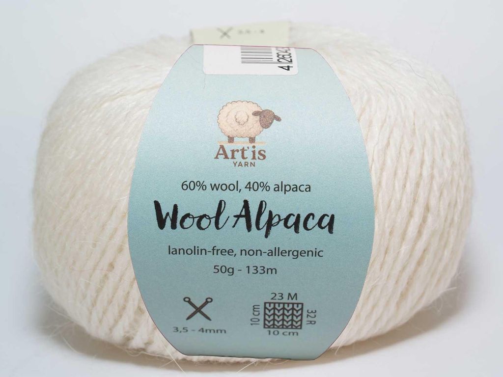 Wool Alpaca Art'is Yarn 60% Wolle, 40% Alpaka Lanolinfrei & Antiallergisch (50g/133m) (500 weiß)