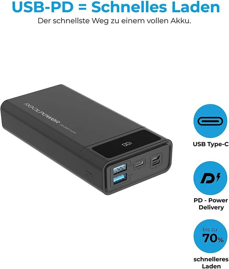 Powerbank 20000mAh Haute Capacité RealPower PB-20k PD avec Charge Rapide - 5