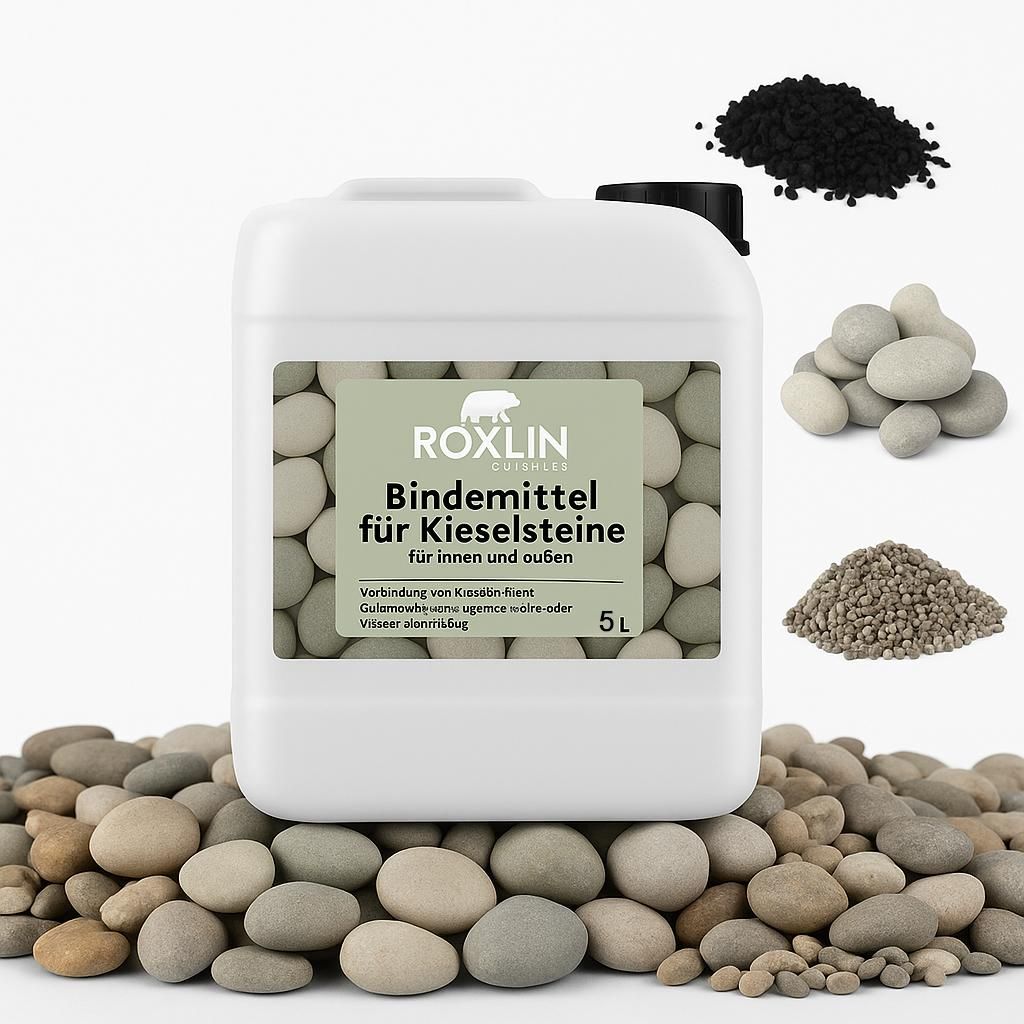 A white plastic canister of Roxlin Botanic Kiesbinder is displayed prominently, surrounded by various types of gravel and small stones. Several small piles of different colored and sized stones are also visible in the background.