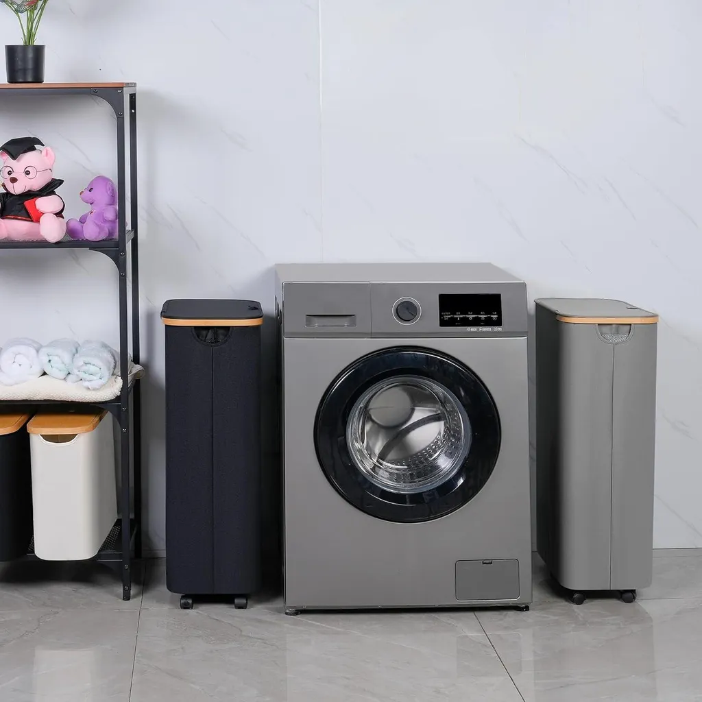 Panier linge sale 75 litres étroit gris pour salle de bain et studio