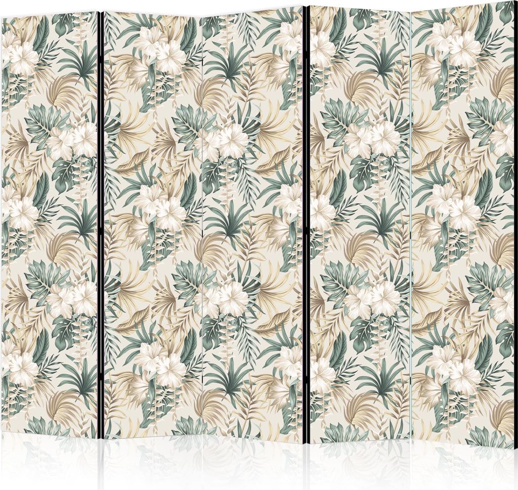 Neuheit! Dekorativer Paravent Raumteiler Trennwand Foto-Paravent Spanische Wand XXL 225x172 cm Tropisch Blätter weiß Blumen b-B-0574-z-a