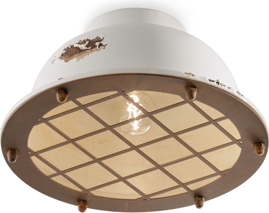 Deckenlampe Keramik D: 35 cm rund Weiß Shabby Antik Rostbraun E27 Vintage Keramikleuchte
