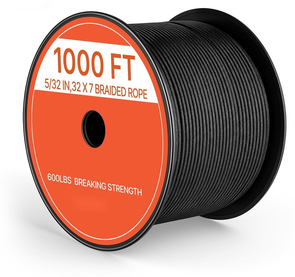 Paracord-Seil - Fallschirmschnur Typ 550 - Nylon - 4 mm x 305 m - 272 kg Bruchlast - Abriebfest - 32 Außen- und 7 Innenstränge - Schwarz