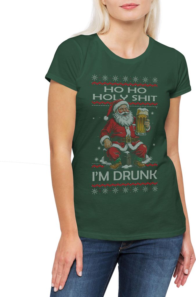 Urban Backwoods Holy Shit I Am Drunk Christmas, Damen T-Shirt, Farbe: Grün, Größe: L