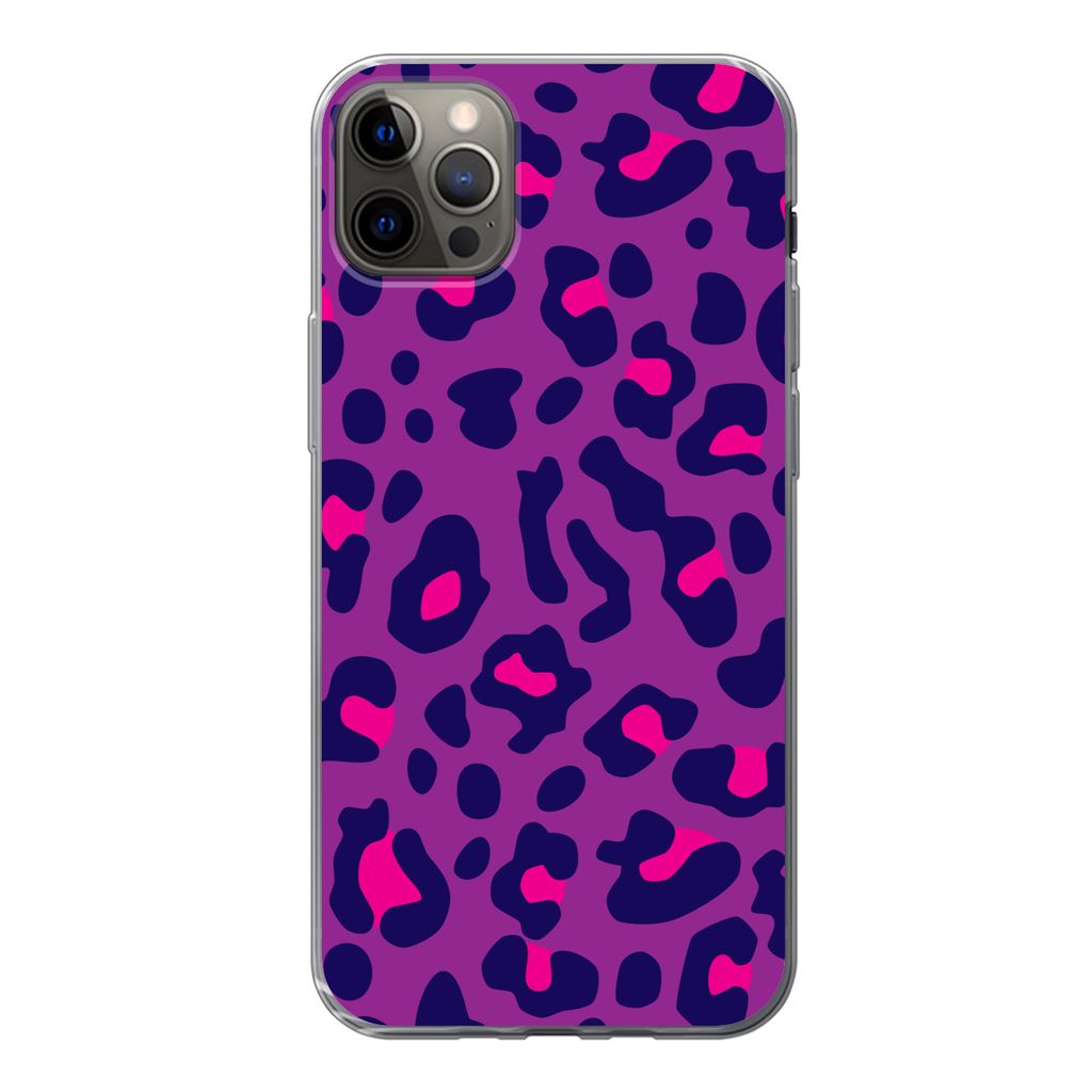 MuchoWow Handyhülle Schutzhülle Hülle für iPhone 12 Pro Max Pantherdruck - Lila - Rosa Silikon Softcase Handy Hülle - Hartschale