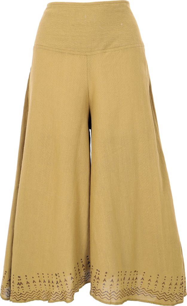 Palazzohose, 3/4 Hosenrock, Bedruckte Natürliche Boho Schlaghose, Sommerhose - Curry, Damen, Gelb, Baumwolle, Größe: L