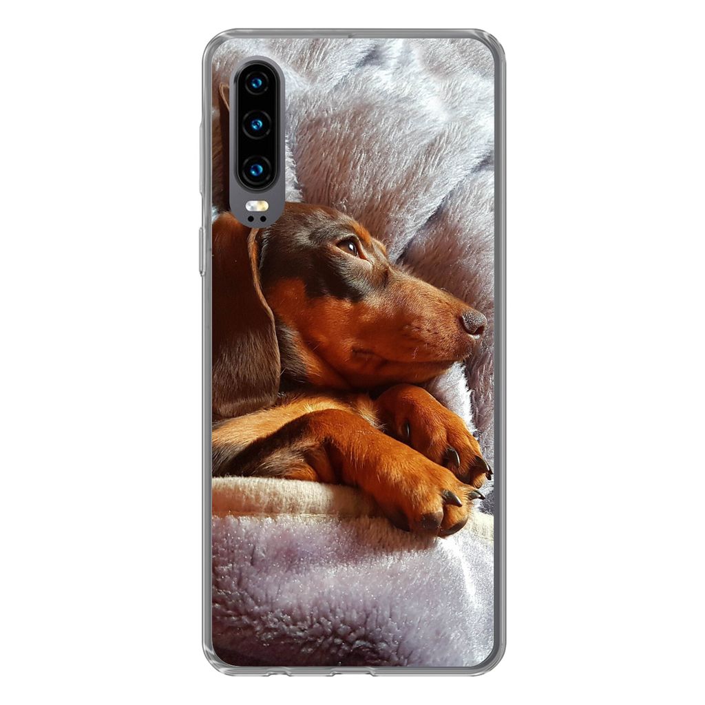 MuchoWow Handyhülle Schutzhülle Hülle für Huawei P30 Niedlicher Dackel liegt unter der Bettdecke Silikon Softcase Handy Hülle - Kartenbesitzer