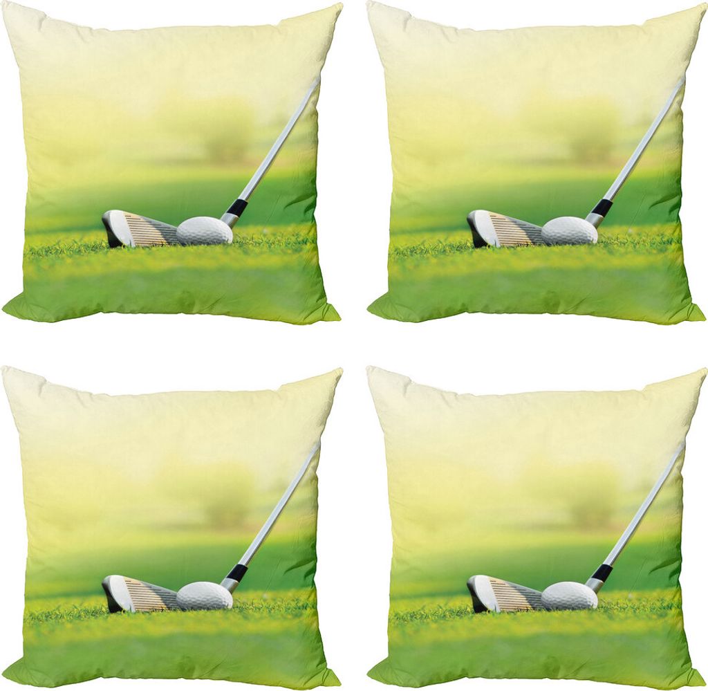 ABAKUHAUS Golf Kissenbezug Set (4 Stück), Nahaufnahme von Clubs Grass, Moderner Doppelseitiger Digitaldruck, 40 cm x 40 cm, Grün und Pastellgelb