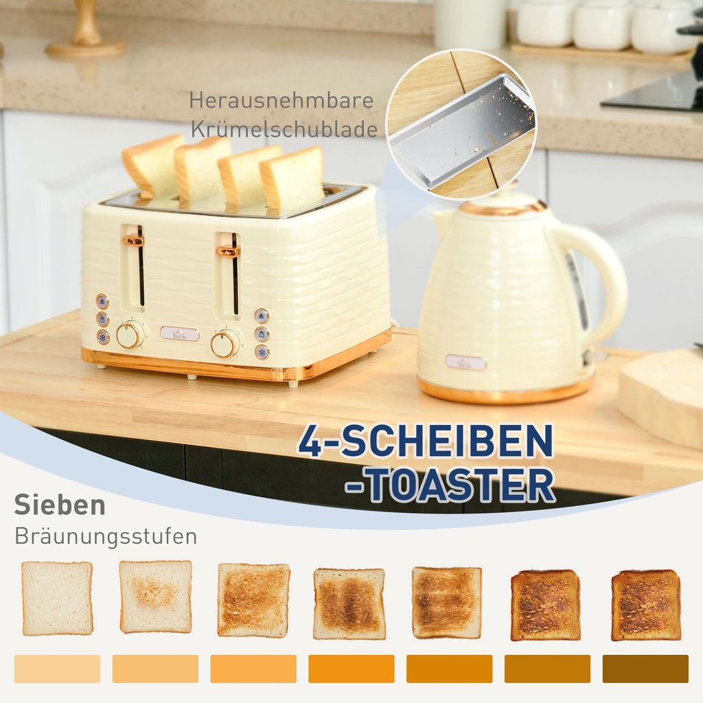 HOMCOM Wasserkocher-Toaster-Set mit 1,7 L Wasserkocher, 4