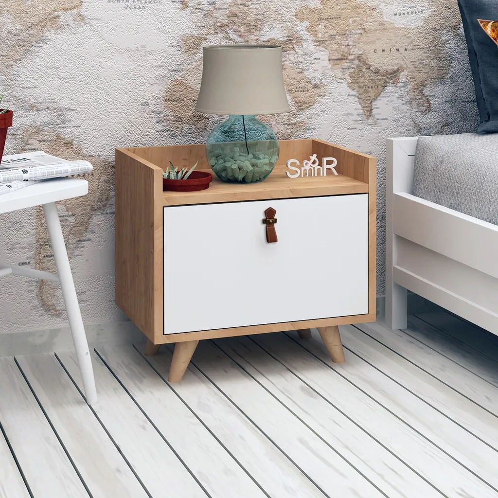 Table de chevet DopoMDD Skye Decor en chêne et blanc, 55 x 50 x 40 cm