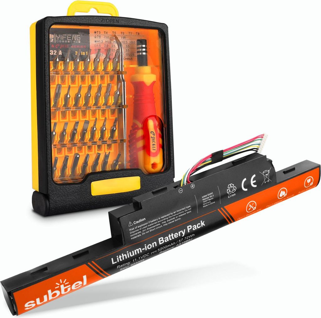 subtel 1x Akku für Notebook Kompatibel mit Acer Aspire E5-575, Aspire F5-573G, Aspire E5-575G, AS16B5J - (5200mAh, 11.1V) + Werkzeug-Set
