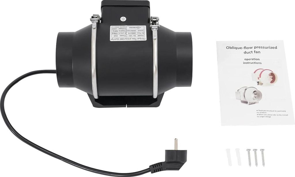 Abluftventilator - Rohrventilator - Luftstrom 220 m³/h - Leistung 35 W - Druck 150 Pa - 2600 U/min - Leise - Für Küche, Bad, Keller - Schwarz
