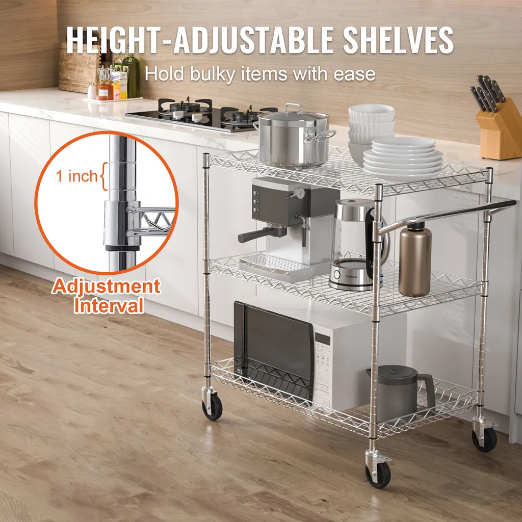Carrello da cucina SucceBuy, 3 livelli, carrello in filo metallico con capacità di carico di 290 kg, carrello di servizio in acciaio su ruote, carrello di stoccaggio in metallo con cesto profondo 80 mm, manico curvo - 4