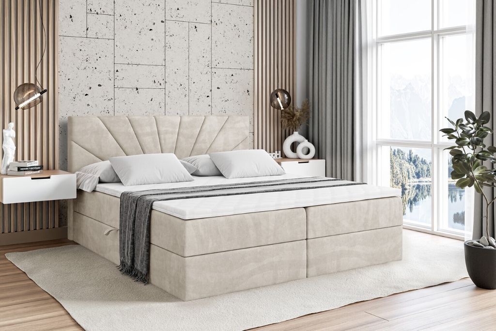 ALTDECOR Boxspringbett mit H4 Matratze und Topper - 200 x 200 cm - MILTIO - Taupe Samt - Polsterbett mit Bettkasten und Lattenrost, Bett mit Stauraum