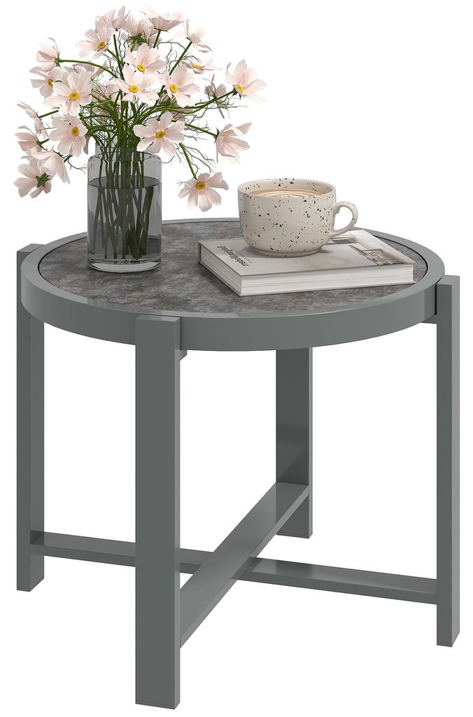 Beistelltisch Gartentisch Rund wetterfest Aluminium Balkontisch mit Marmoroptik Grau, 60,0x60,0x46,0 cm, fš¹r Garten und Terrasse