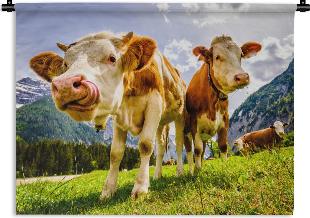 MuchoWow Wandteppich Wandbehang Kühe - Berge - Gras - Landschaft - Alpen 90x67.5 cm Tapisserie Dekoration Wandtuch - Fototeppich - Wand-Skulpturen