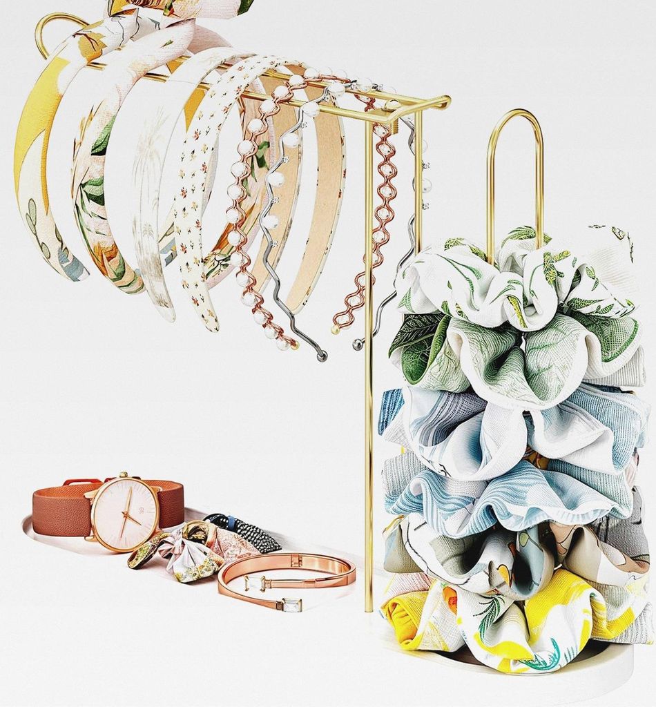 Haarreifen Halter mit Sockel aus Massivholz und Metallständer – Großer Organizer für Haaraccessoires, Scrunchies, Armbänder, Uhren, Brillen ...