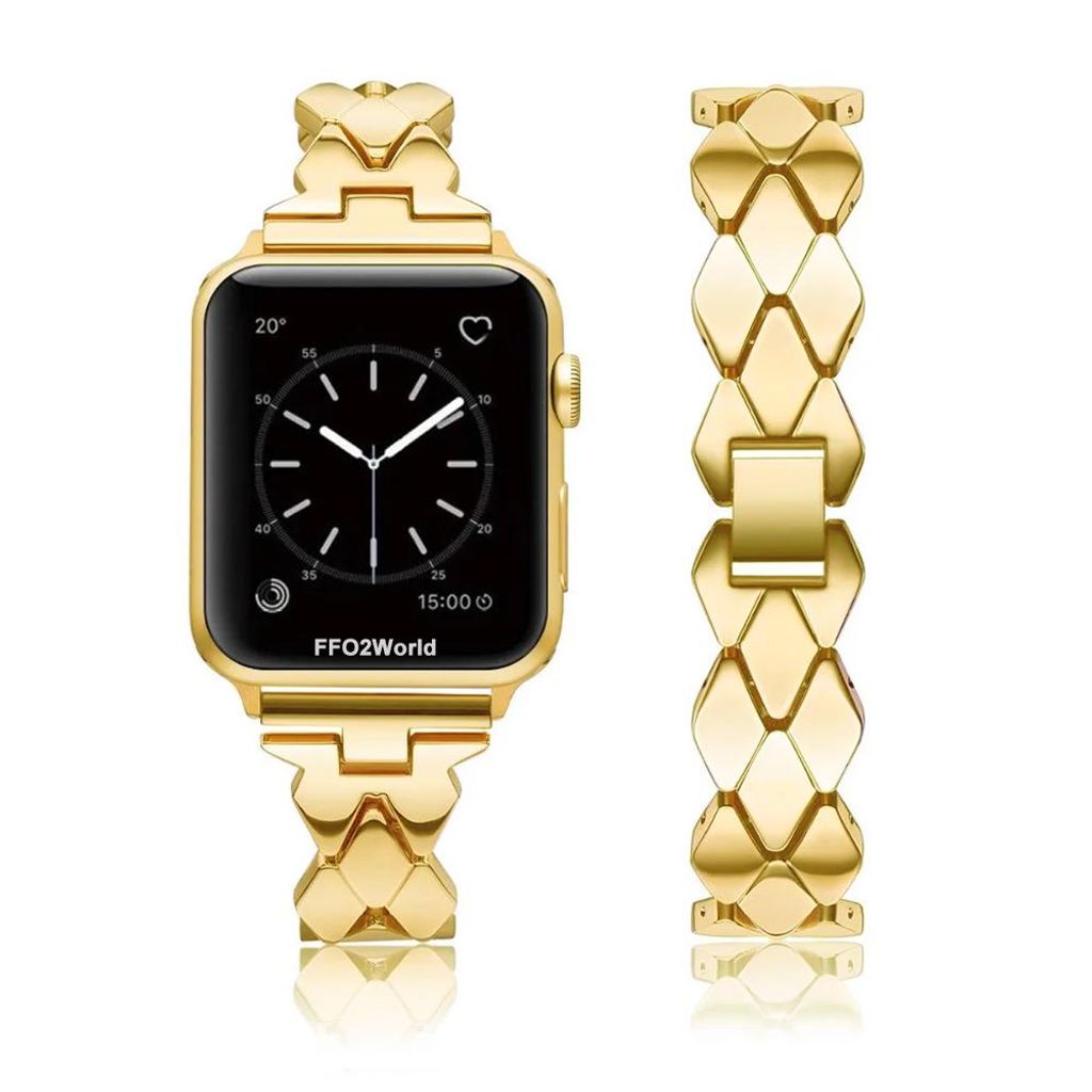 FFO2World Dünnes Metallarmband für Apple Watch 38–42 mm (Serie 1–11, SE) – Diamantförmiges Edelstahl-Armband für Damen – Gold