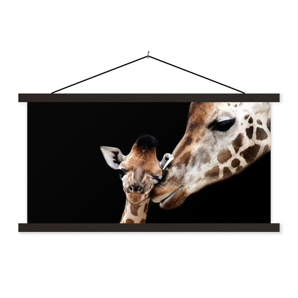 MuchoWow Textilposter Giraffe - Tiere - Schwarz - Porträt - Tiere 90x45 cm mit schwarzem Rahmen - Klemmleisten