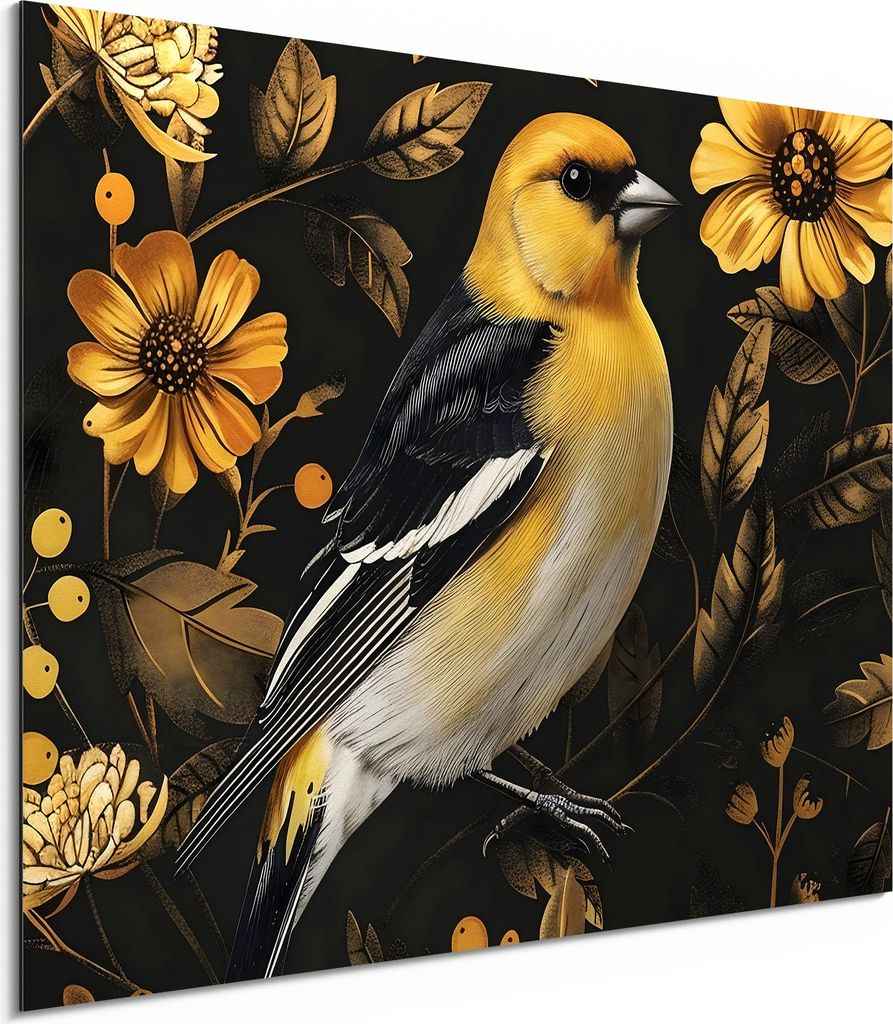 DEQORI Alu-Dibond Bild Weiß 80x60 cm 'Goldfink im Blütenmuster' Wandbild Metall dünn