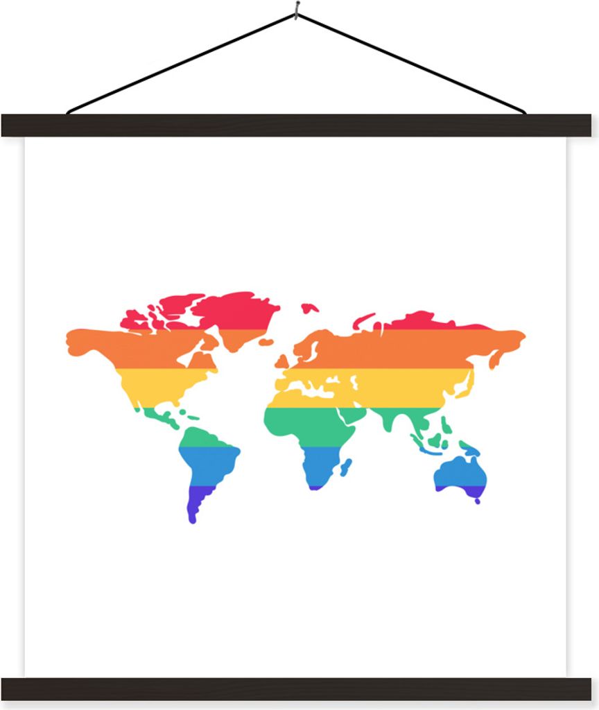 MuchoWow Textilposter Karte - Welt - Regenbogen 90x90 cm mit schwarzem Rahmen - Magnetisches
