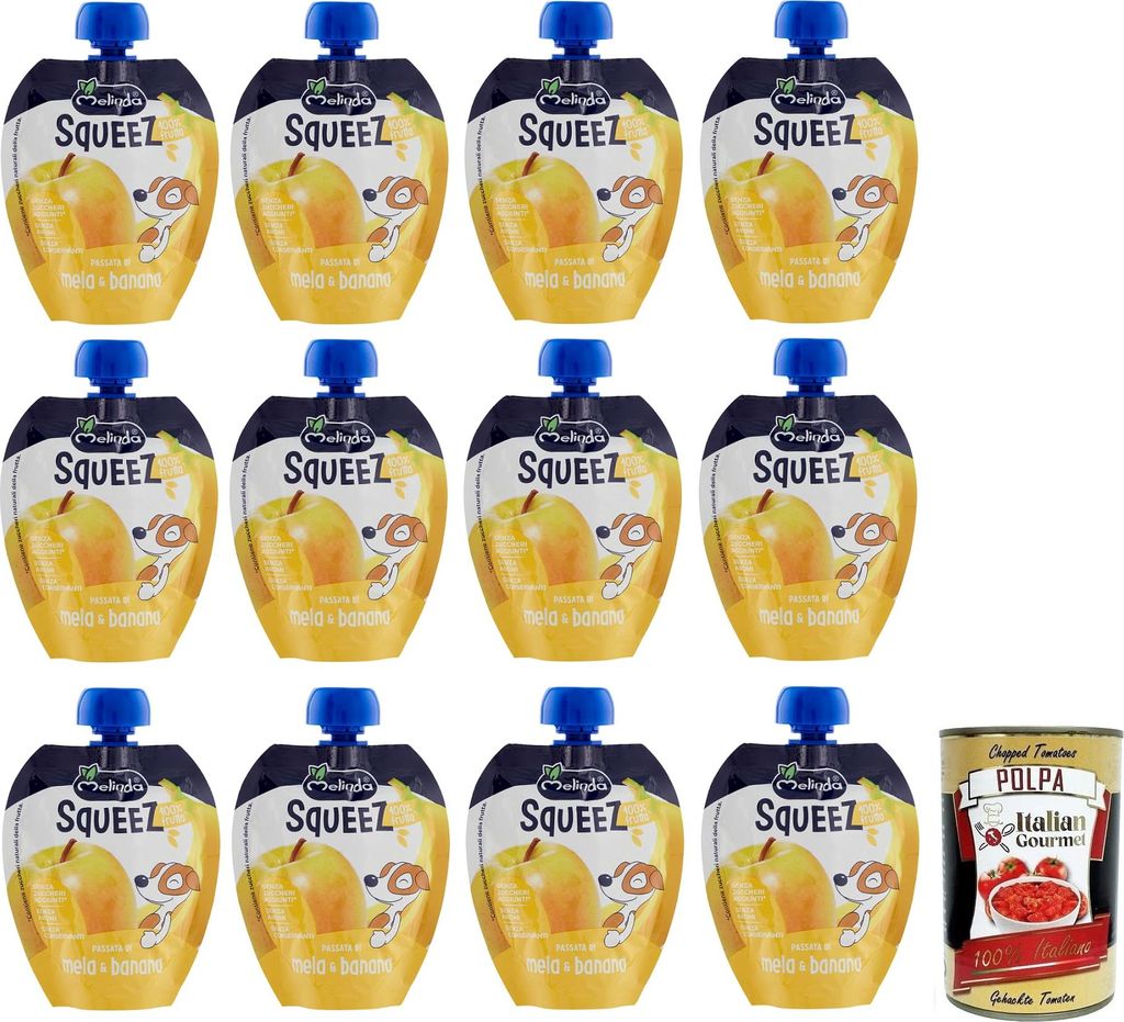 12x Melinda Mela Banana Squeez 100% Frucht,Apfel- und Bananenpüree,Obst zum Auspressen,90g + Italian Gourmet Polpa di Pomodoro 400g Dose