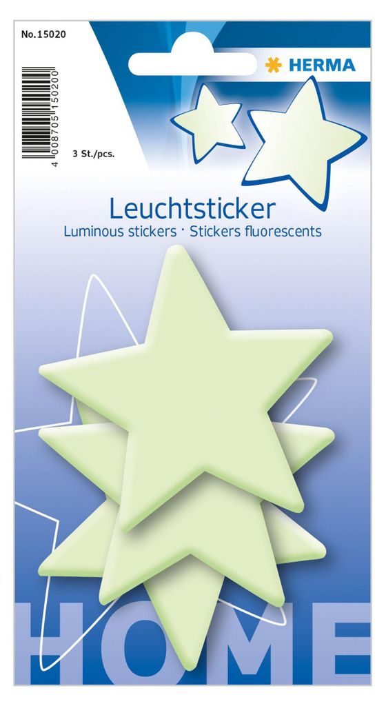A package of luminous star stickers on a blue and white background.