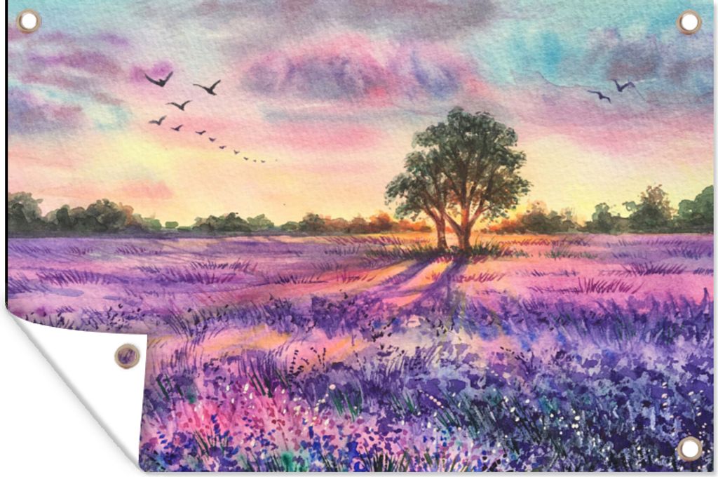 MuchoWow 90x60 cm Outdoor-Poster Gartendeko Sichtschutz Garten Poster für den Garten Lavendel - Farbe - Vögel - Bäume - Lila