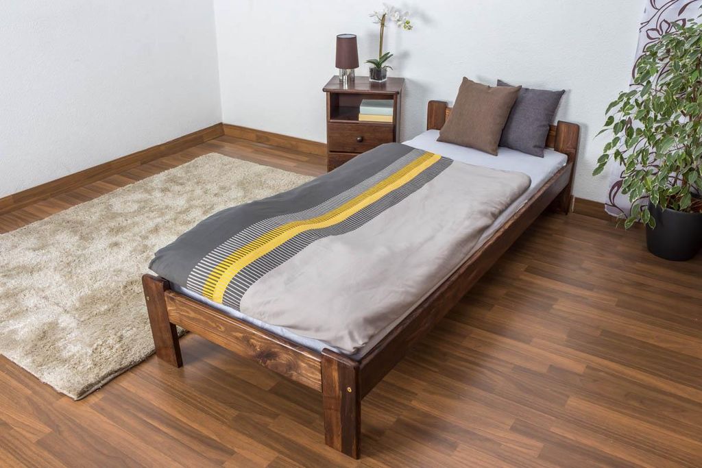 Einzelbett / Gästebett Kiefer Vollholz massiv Nussfarben Produktbild 
