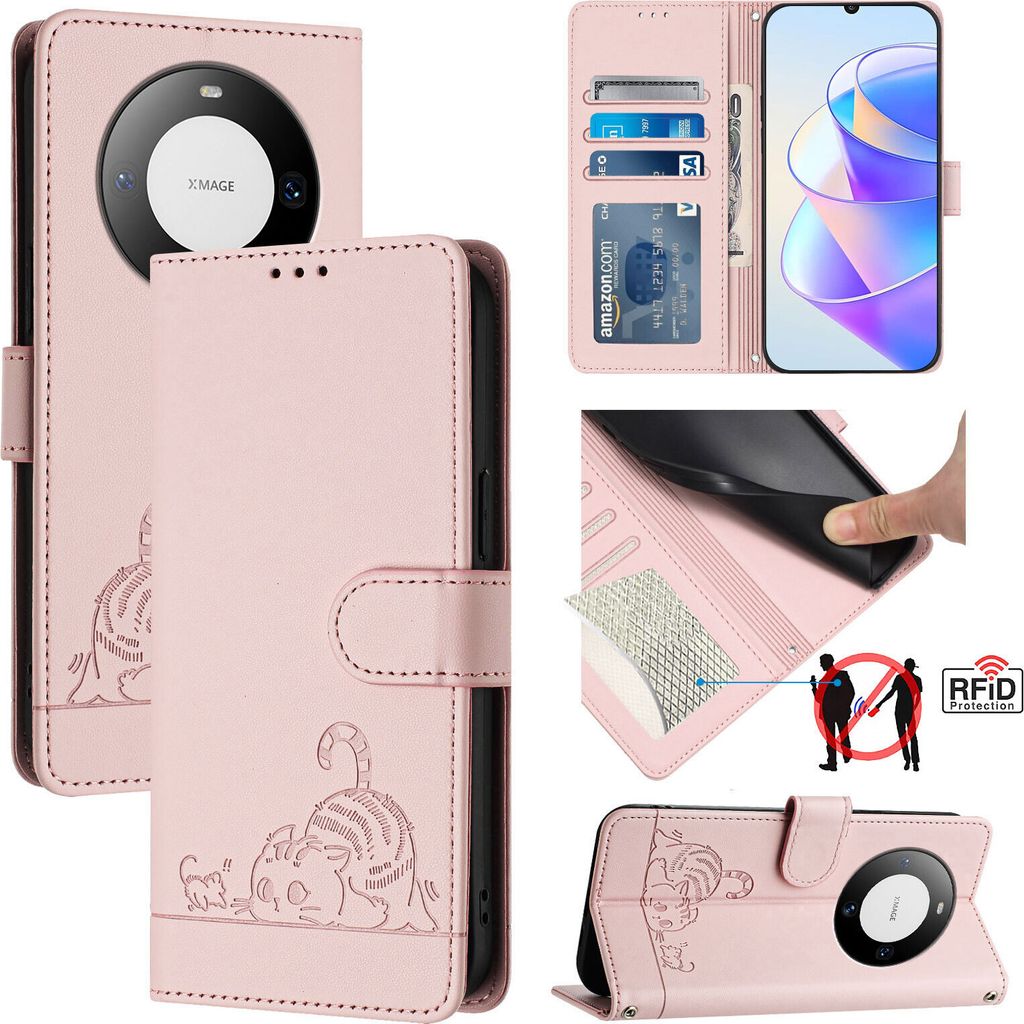Leder Hülle für Huawei Mate 60 Süße Katze Flip Case Brieftasche Schutzhülle mit Standfunktion Pink