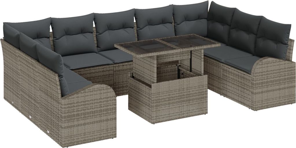 Möbel 10-teiliges Garten Sofa Set mit Kissen grau Poly Rattan, 2-Sitzer Garten Sofa mit Stauraum & Kissen grau Poly Rattan - Gartensofas 3357442