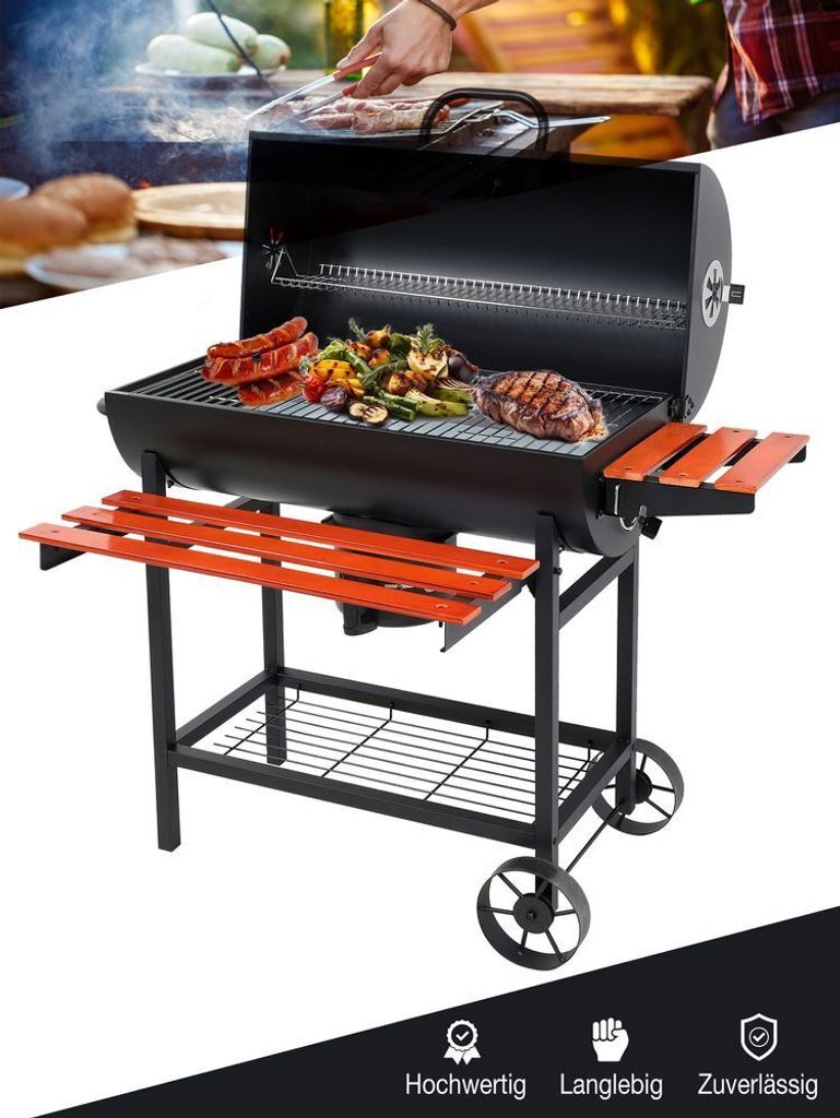 Holzkohlegrill BBQ Grillwagen – mit Deckel & Thermometer, Warmhalterost, Aschebehälter, 2 klappbaren Ablagen, Rollen – Holzkohlegrill für Gar...