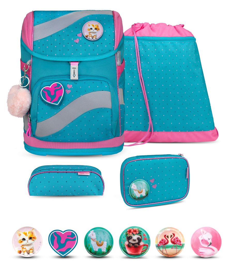 Belmil Smarty ergonomisches Schulranzen Set 5-teilig "Hearts and Dots" mit Brustgurt, Hüftgurt, Magnetverschluss, Patch Set 6 Stück