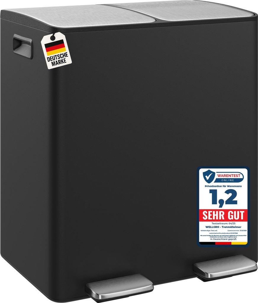WELLGRO Treteimer 2x20L Schwarz – Edelstahl mit Softclose & Pedal
