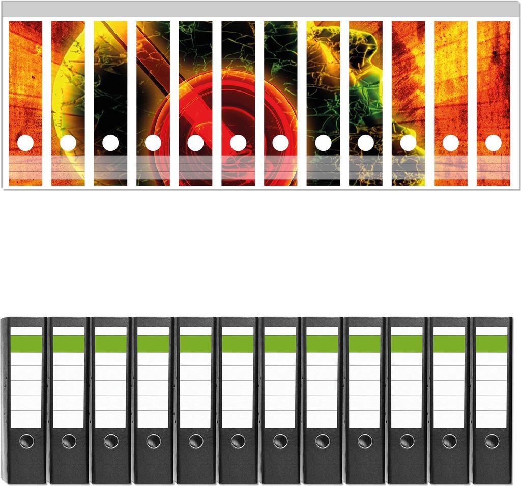 Wallario 12 Stück breite Ordner inkl. Klebeetiketten mit Motive Musik mit Kopfhörern - Set mit Rückenschildern / Ordnerrücken Stickern