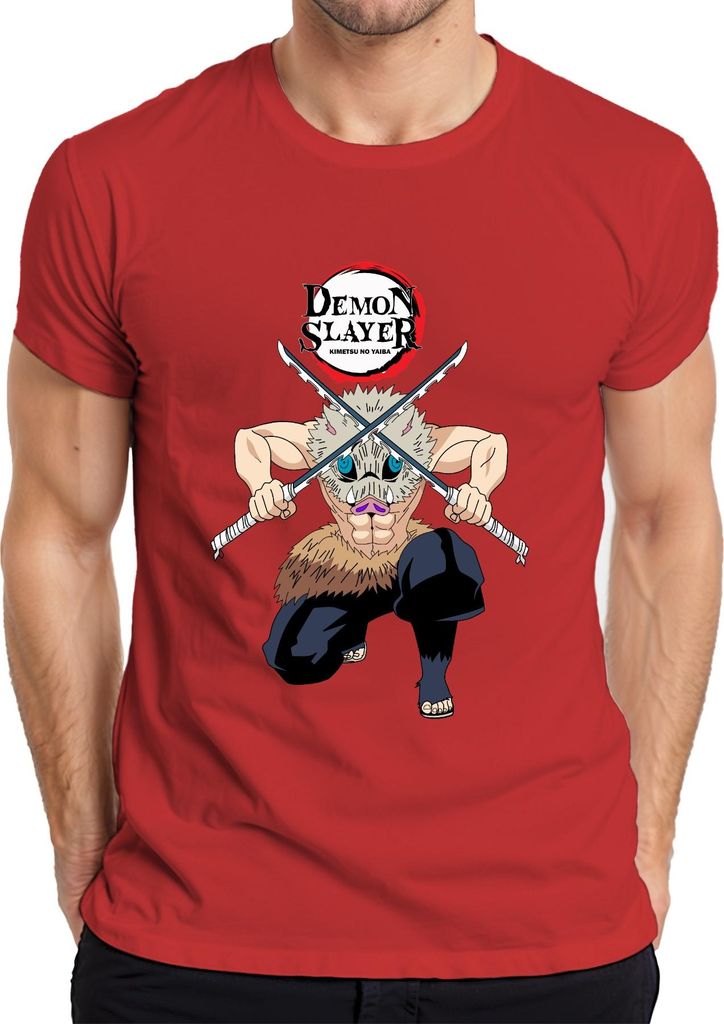 Demon Slayer Inosuke Kimetsu no Yaiba Ebermaske Anime Geschenk Herren T-Shirt, Rot, L