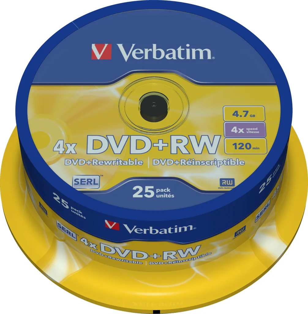 DVD+RW Verbatim pour Sauvegarde et Vidéo - Pack Spindle de 25 Unités