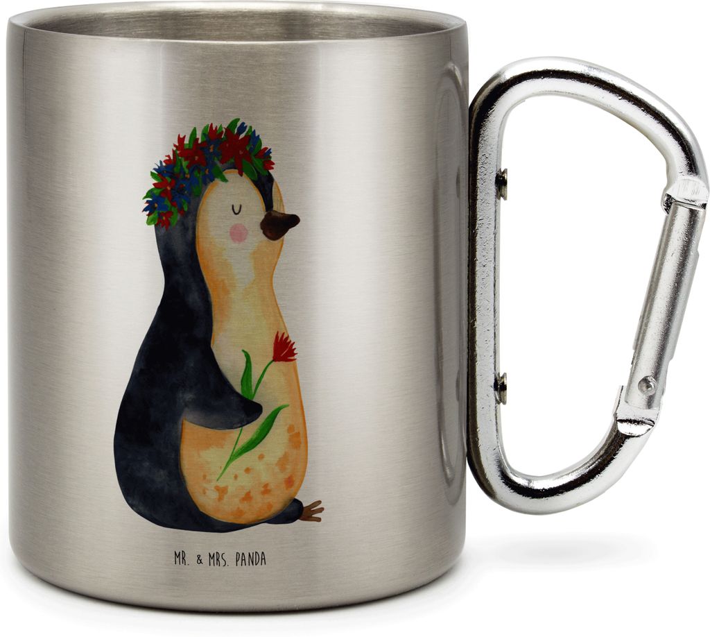 Mr. & Mrs. Panda Thermobecher Pinguin Blumen - Transparent - Geschenk, Teetasse, Edelstahltasse, Geschenkidee, Isolierbecher, Selbstliebe, Wundersc...