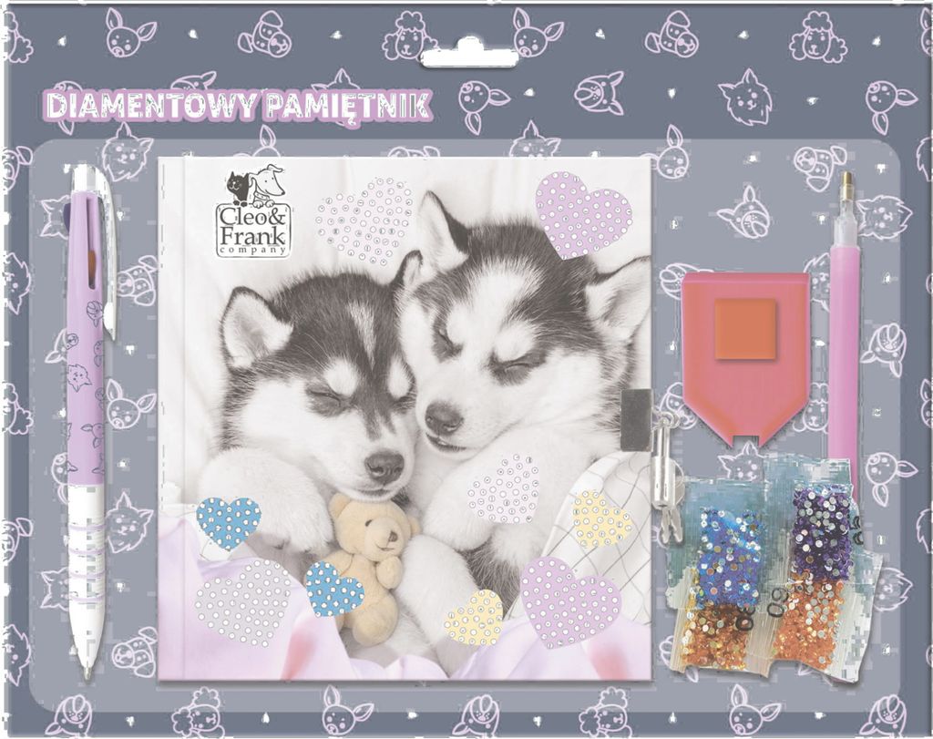 Diamant-Tagebuch mit Vorhängeschloss + Stift 3-farbiger Hund Cleo und Frank 38 Derform