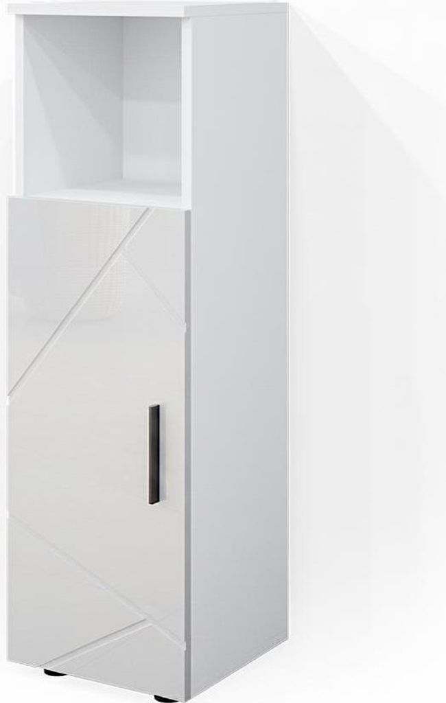 A tall, narrow white cabinet with a geometric pattern on the door and an open shelf at the top, set against a white background.