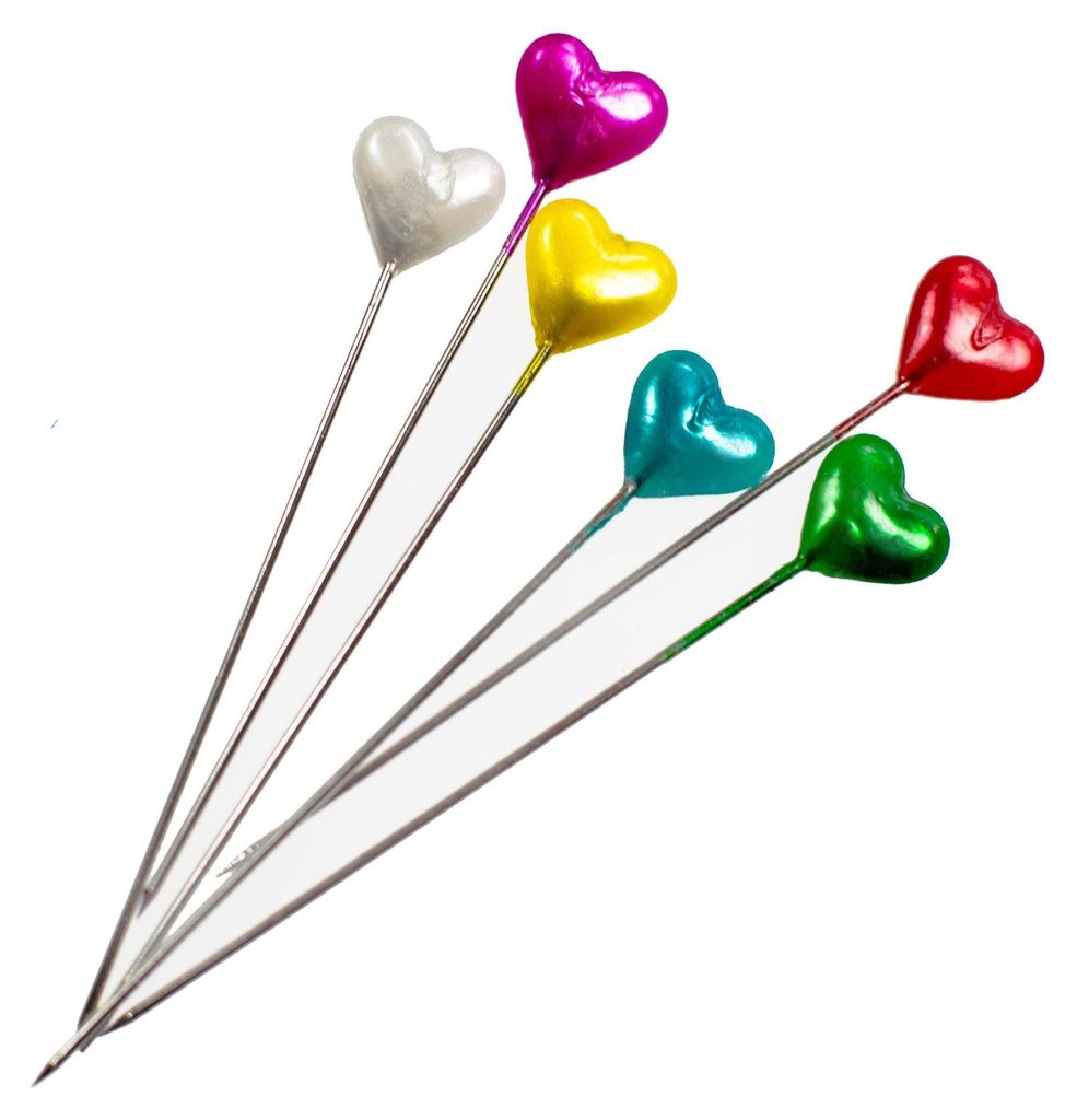140 Stecknadeln Polsternadeln, 55mm, Stärke 0,74mm, Farbmix bunter Herz Kopf
