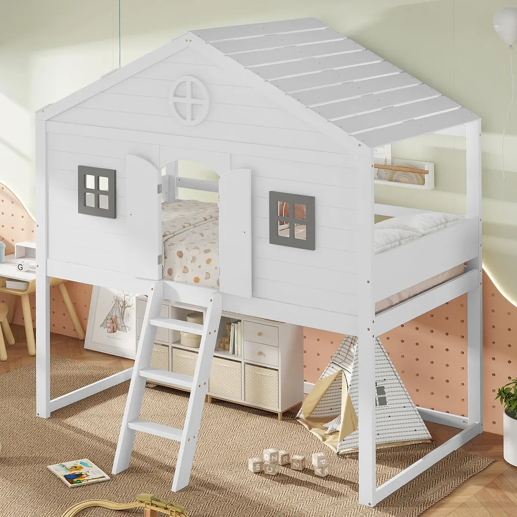 Lit cabane superposé 90x200 avec escalier sécurisé et fenêtres ludiques