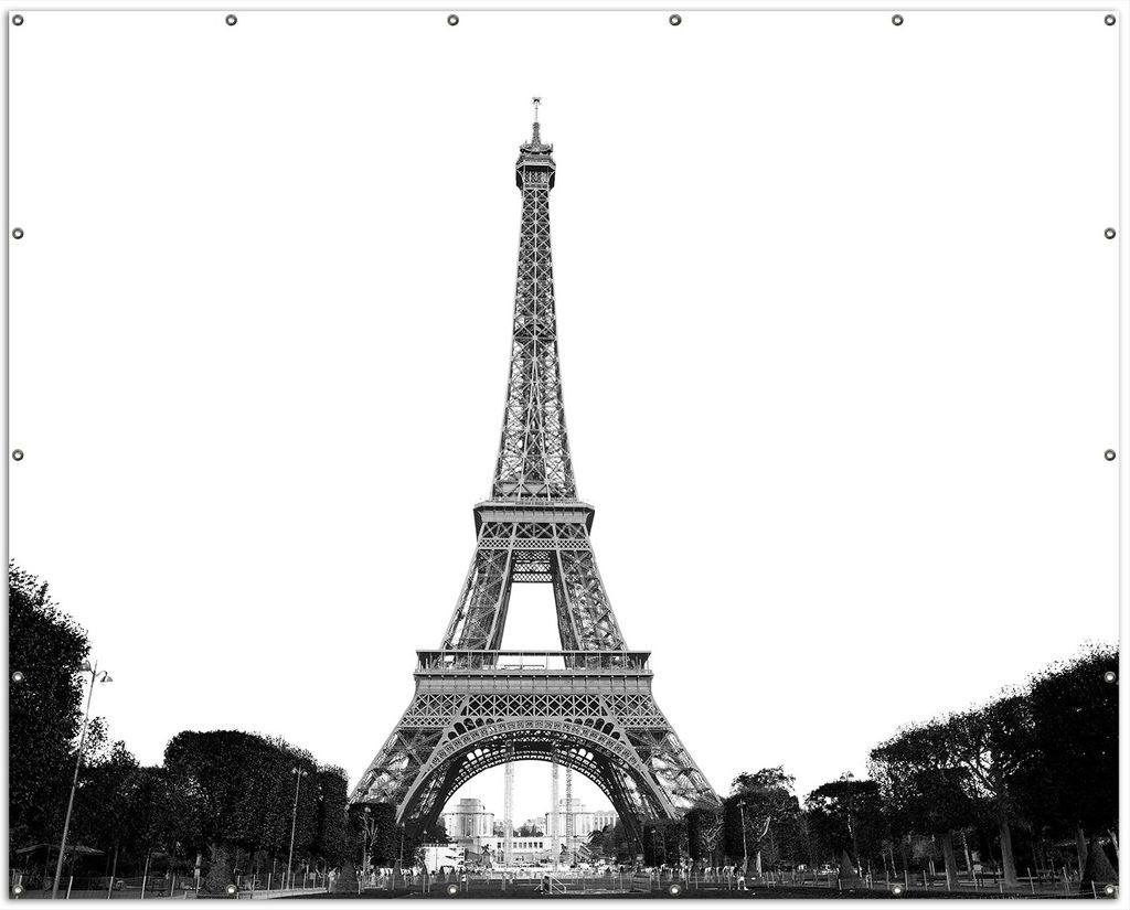 Wallario XXL Outdoor-Poster für Garten oder Balkon, Motiv Eiffelturm in Paris - schwarz weiß, in ca. 250 x 200 cm